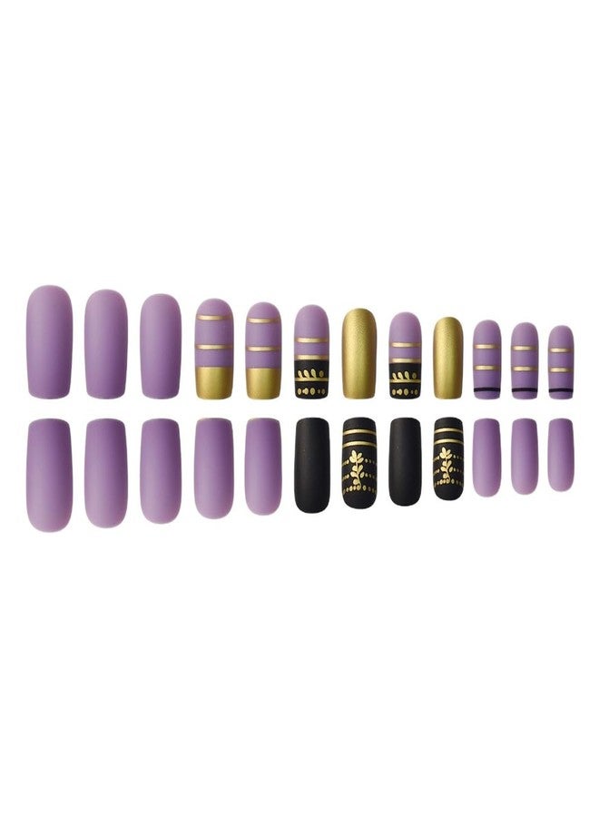 HJKDSFD Short Square Press on Nails Purple Black Fake Nails Gold Foil Lines Design Glue on Nail Cute Matte Acrylic False Nails Reusable Full Cover Artificial Nails for Women Girls 24Pcs - Image 5
